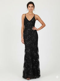 Svart Ala-klänning med V-ringning, axelband, öppen rygg och paljetter