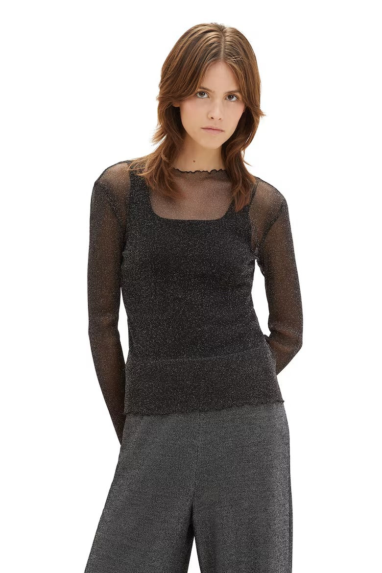 Svart långärmad meshblus med metalliskt glitter från Lorry