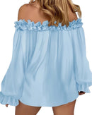 Långärmad blus med bara axlar och crêpe-mönster upptill