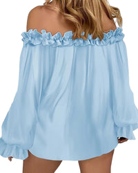 Långärmad blus med bara axlar och crêpe-mönster upptill