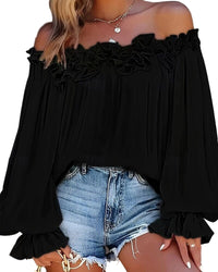 Långärmad blus med bara axlar och crêpe-mönster upptill