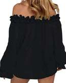 Långärmad blus med bara axlar och crêpe-mönster upptill