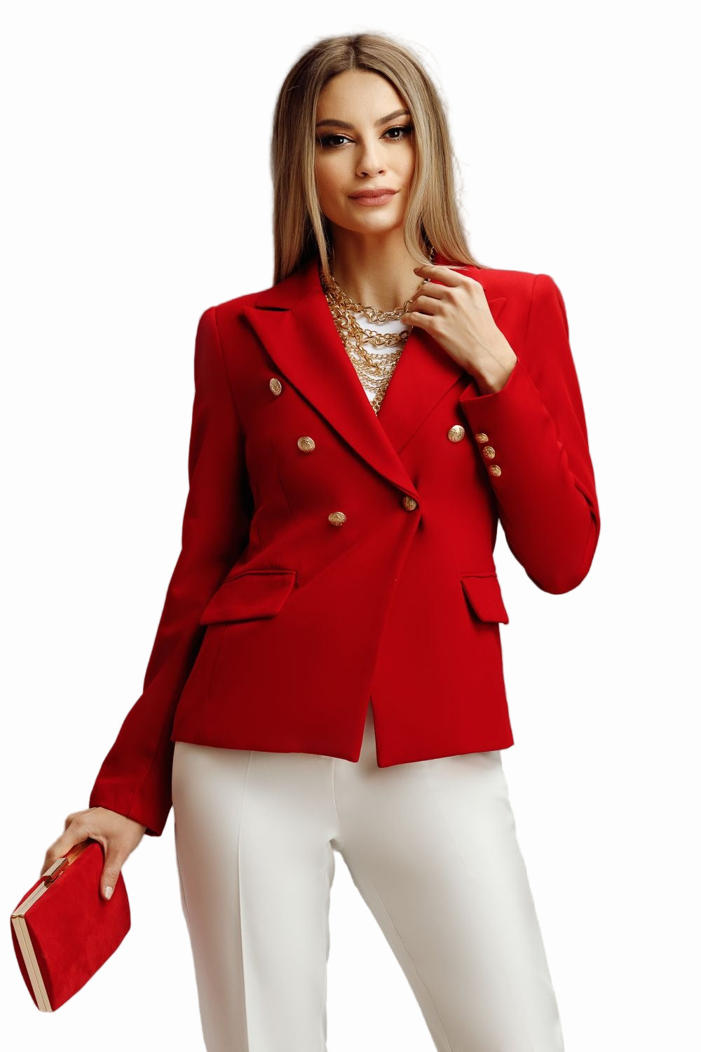 Kort röd jacka med två rader knappar