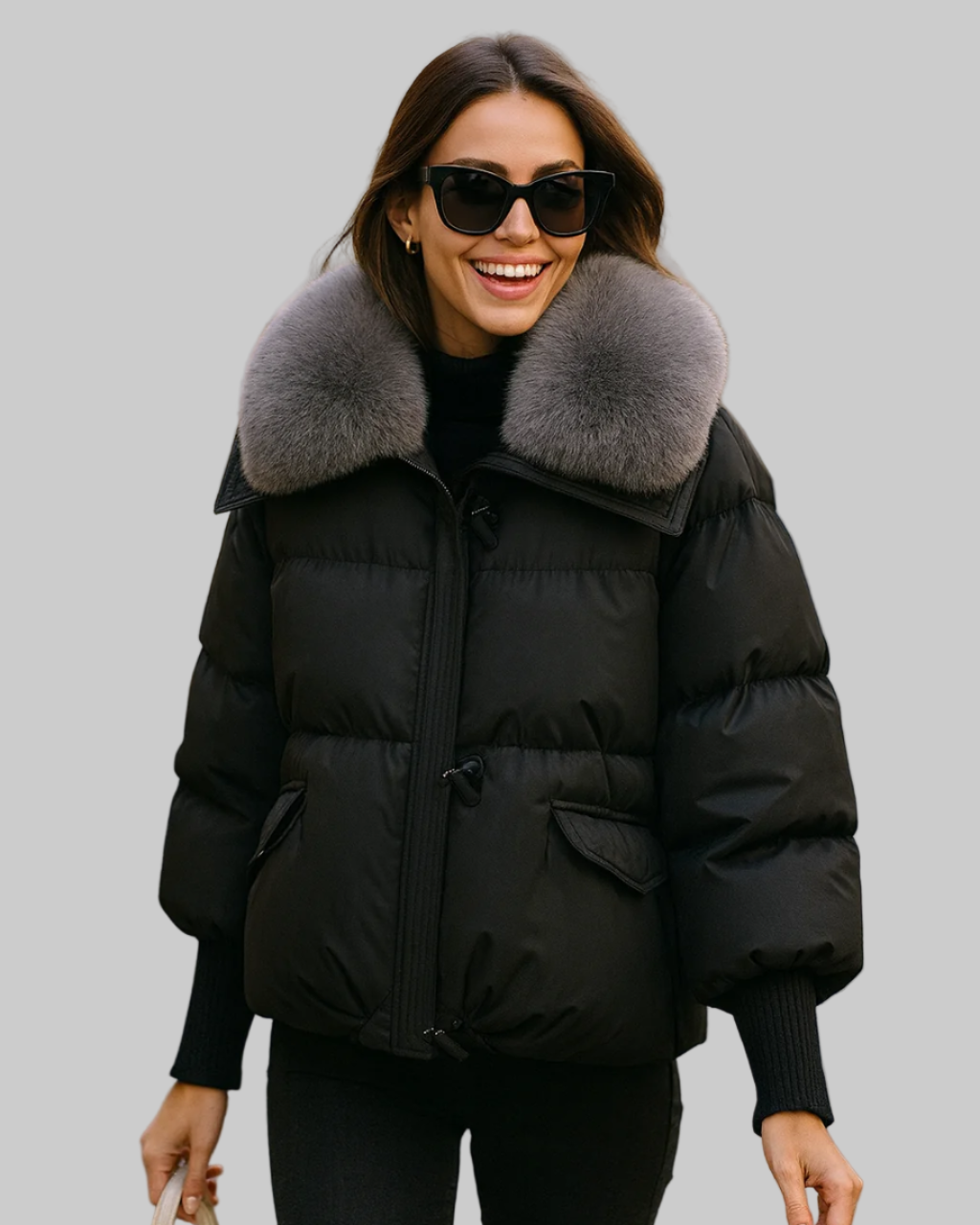 Damvinterjacka av bomull och dun, kort pälskrage