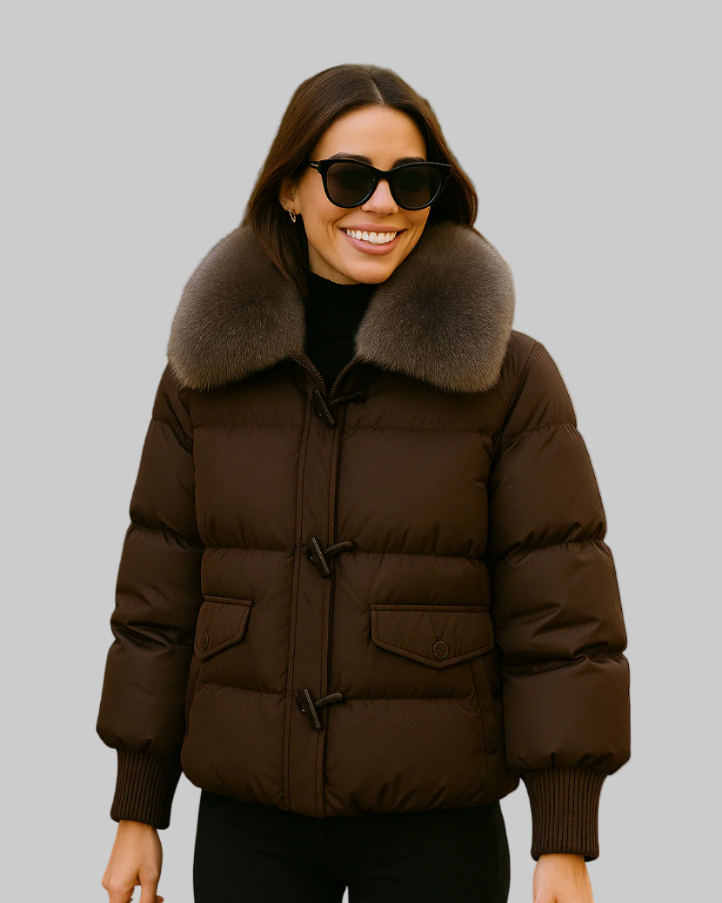 Damvinterjacka av bomull och dun, kort pälskrage