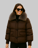 Damvinterjacka av bomull och dun, kort pälskrage