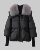 Damvinterjacka av bomull och dun, kort pälskrage