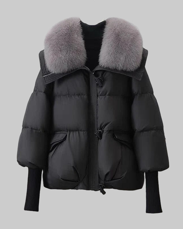 Damvinterjacka av bomull och dun, kort pälskrage