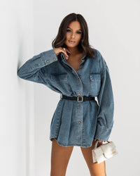 Sttela retro avslappnad jeansskjorta med långa ärmar och fickor