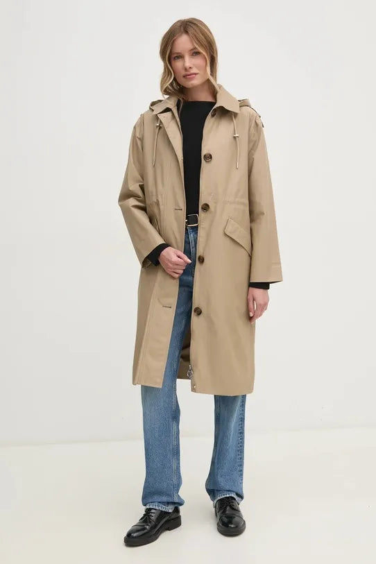 Lång beige jacka med knappar och fickor