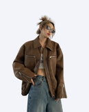 Brun eko-läderjacka med dragkedja och fickor