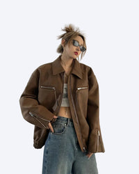 Brun eko-läderjacka med dragkedja och fickor