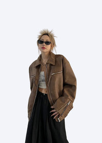 Brun eko-läderjacka med dragkedja och fickor