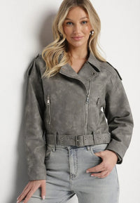 Grå mockajacka med dragkedja och fickor