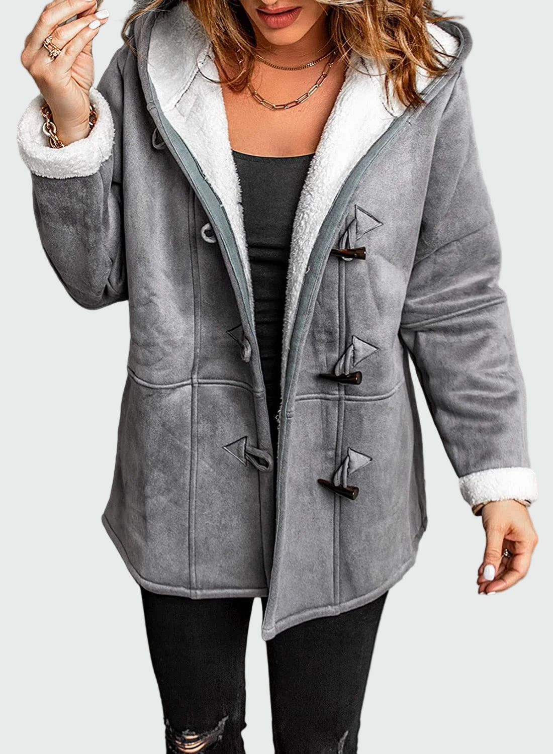 Emy jacka med knappar, huva och fickor