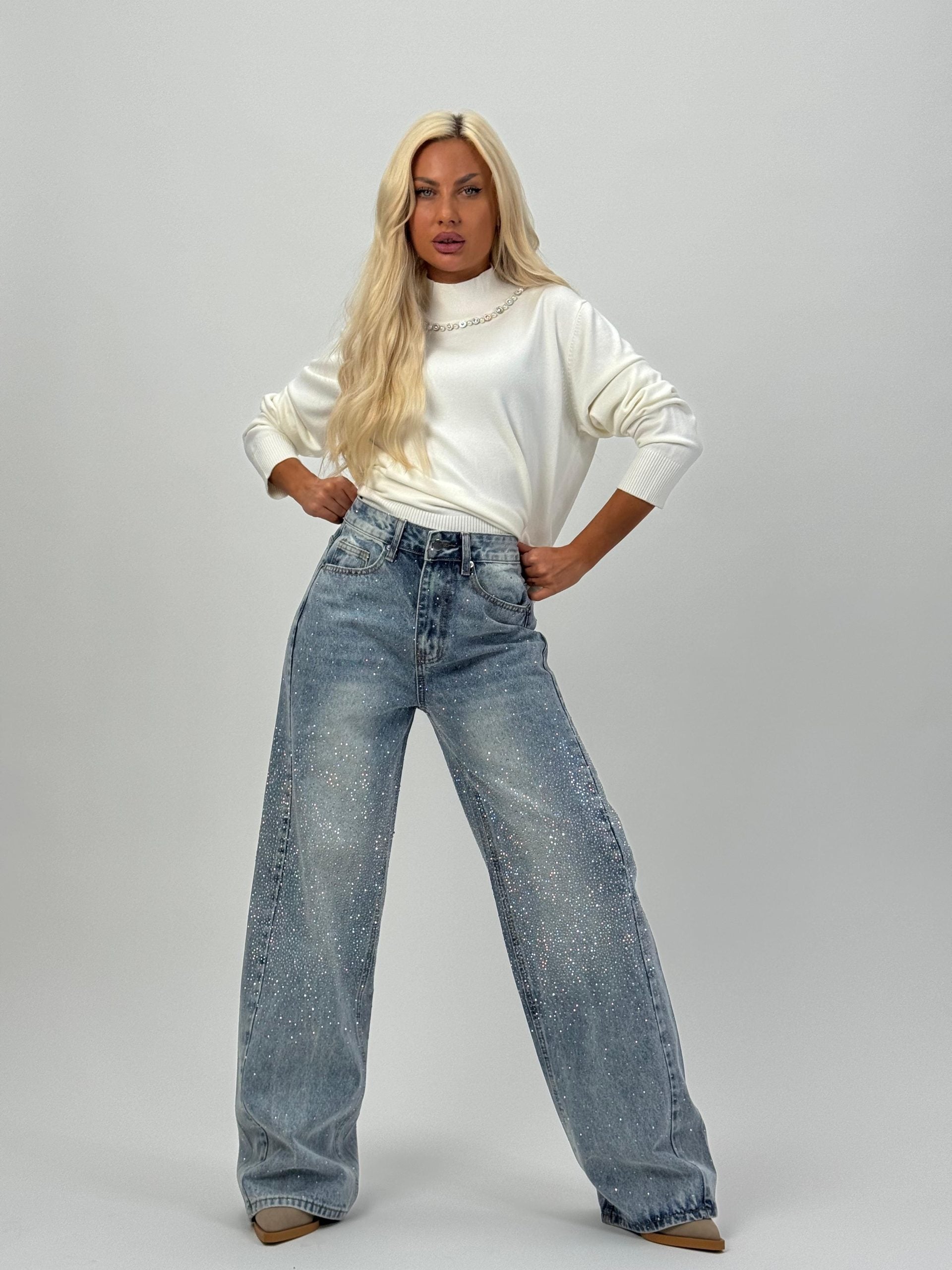 Eleonora utsvängda och glansiga denimjeans med fickor