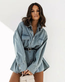 Sttela retro avslappnad jeansskjorta med långa ärmar och fickor