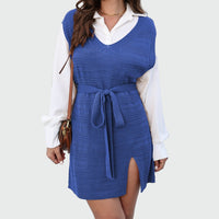 Vävd tröja med slits i kjolen och skärp i midjan