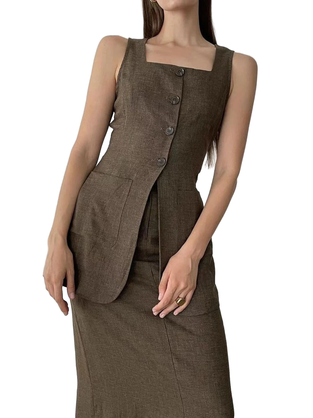 Tvådelad kostym, lång kjol och väst med knappar