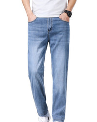 Blå utsvängda denimbyxor i Leo-modell