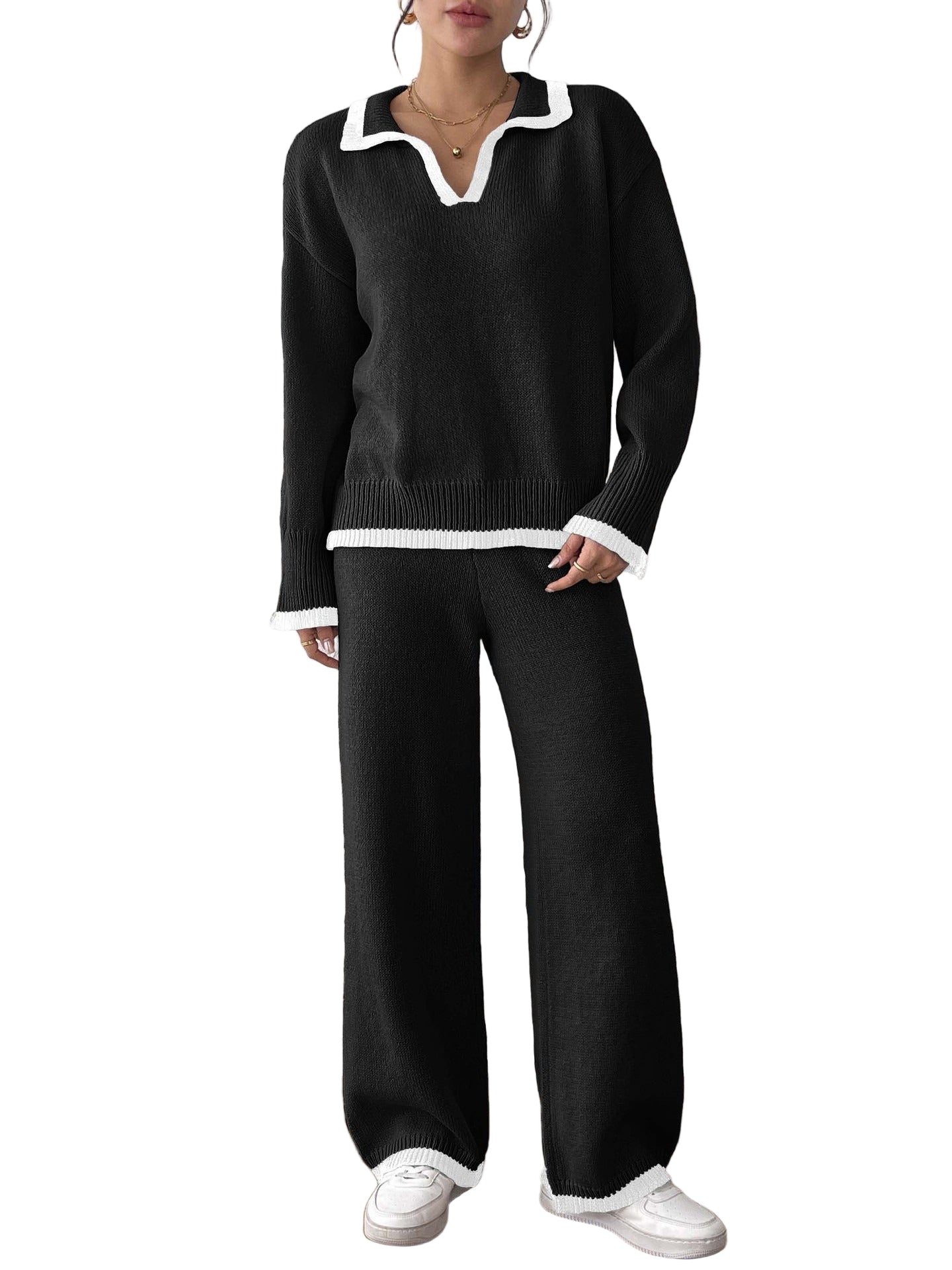 Tvådelat set med tröja och avslappnade byxor med vida ben
