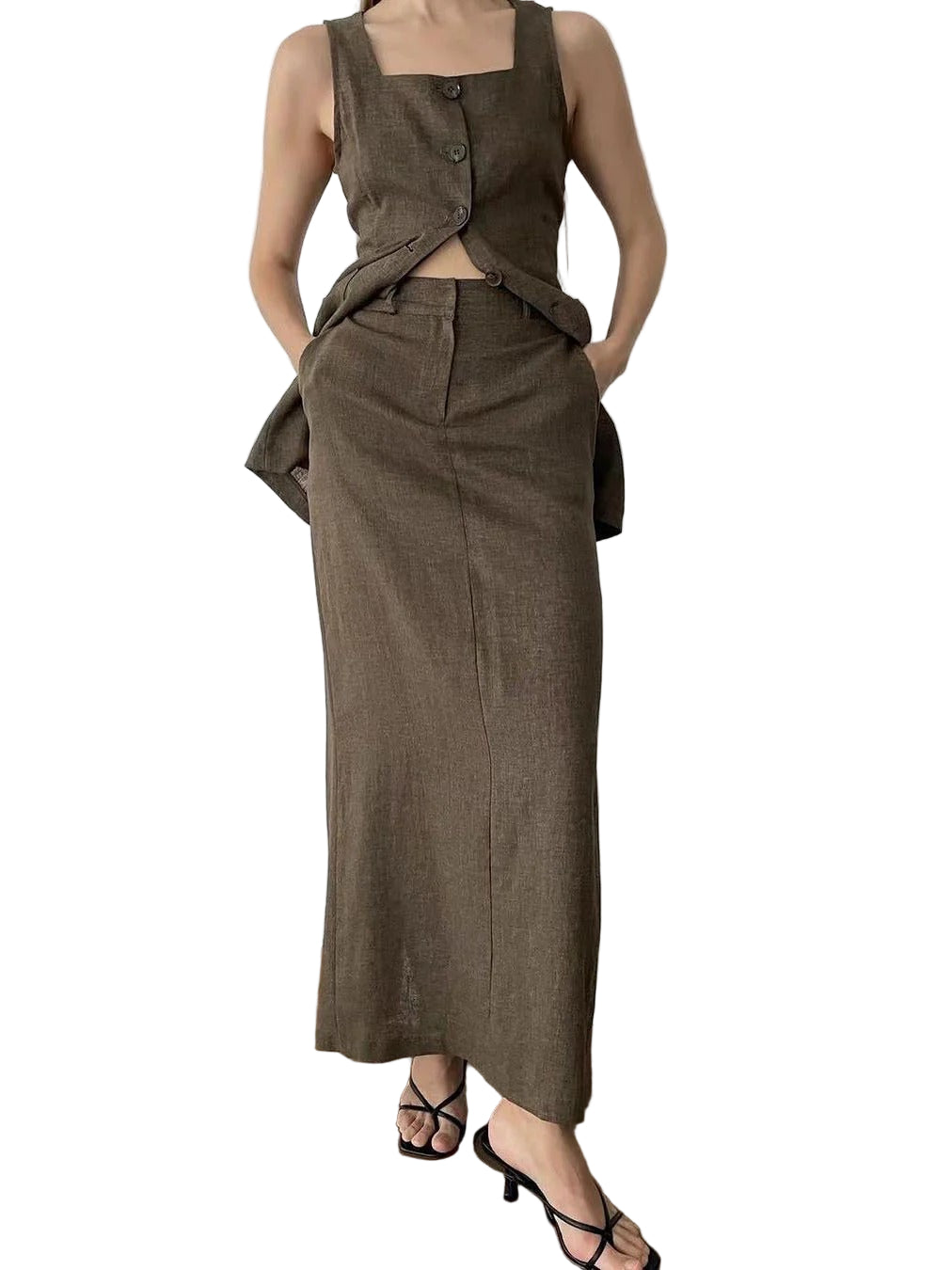 Tvådelad kostym, lång kjol och väst med knappar