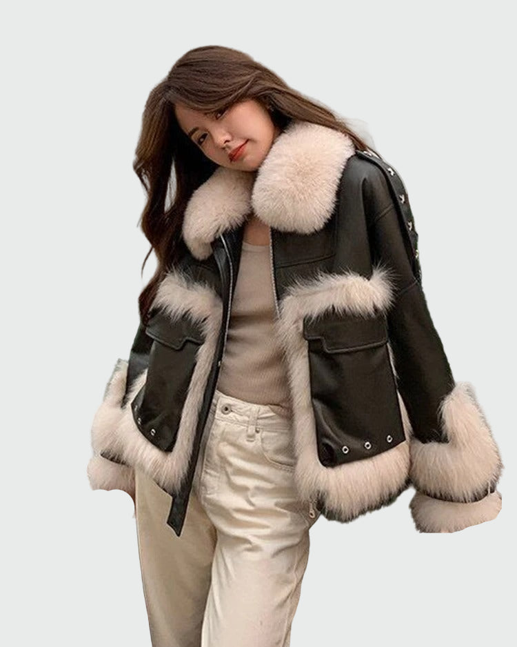 Linyi eko-läderkappa med rävpälssömmar