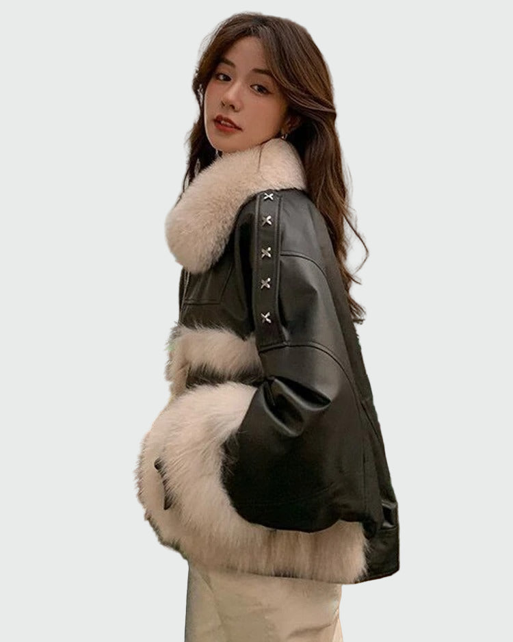 Linyi eko-läderkappa med rävpälssömmar