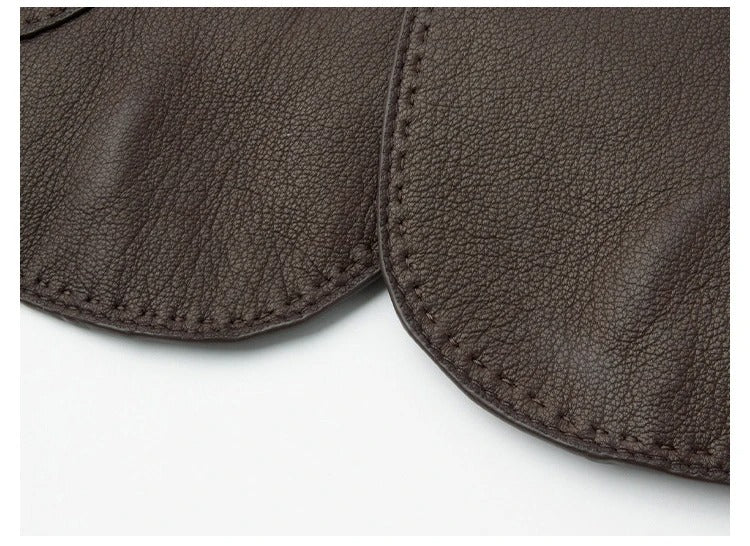 Aurelia mörkbrun äkta skinnjacka, med rund krage, tillverkad av fårskinn, casual