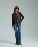 Aurelia mörkbrun äkta skinnjacka, med rund krage, tillverkad av fårskinn, casual