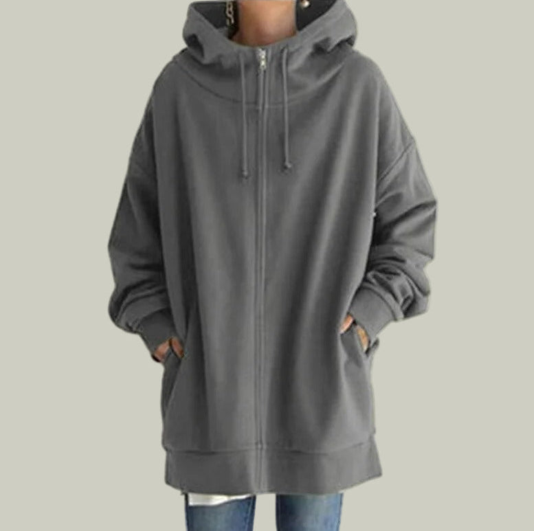 Lång tröja med dragkedja och huva