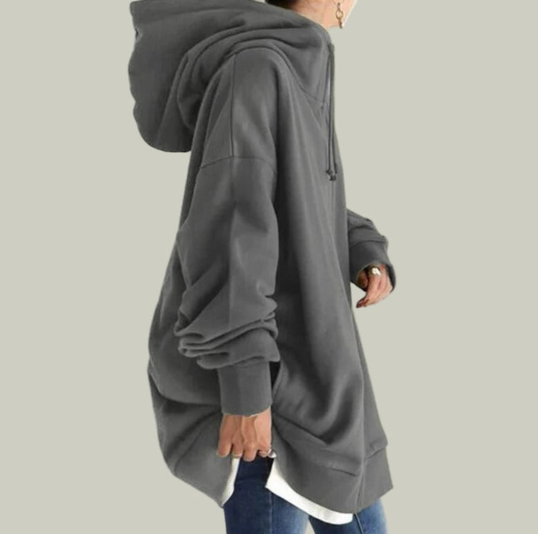 Lång tröja med dragkedja och huva