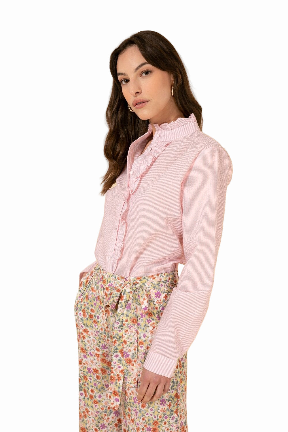 Verra rosa blus med långa ärmar, ränder och knappar