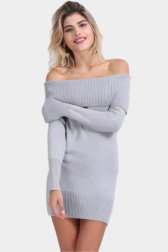 Grå långärmad miniklänning med axelbandslös design