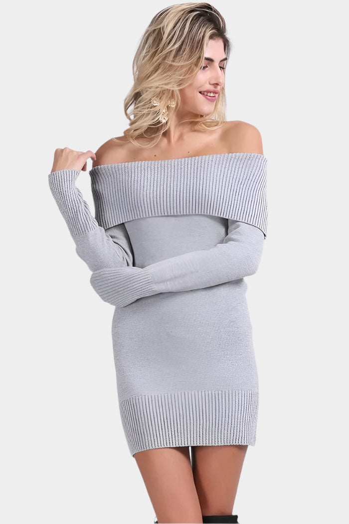 Grå långärmad miniklänning med axelbandslös design