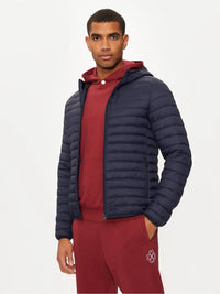 Blå huvad jacka med dragkedja och gåsdun