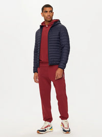 Blå huvad jacka med dragkedja och gåsdun