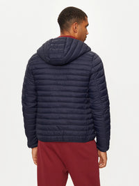 Blå huvad jacka med dragkedja och gåsdun