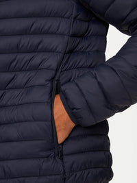 Blå huvad jacka med dragkedja och gåsdun