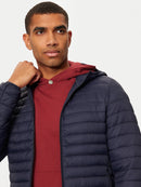 Blå huvad jacka med dragkedja och gåsdun